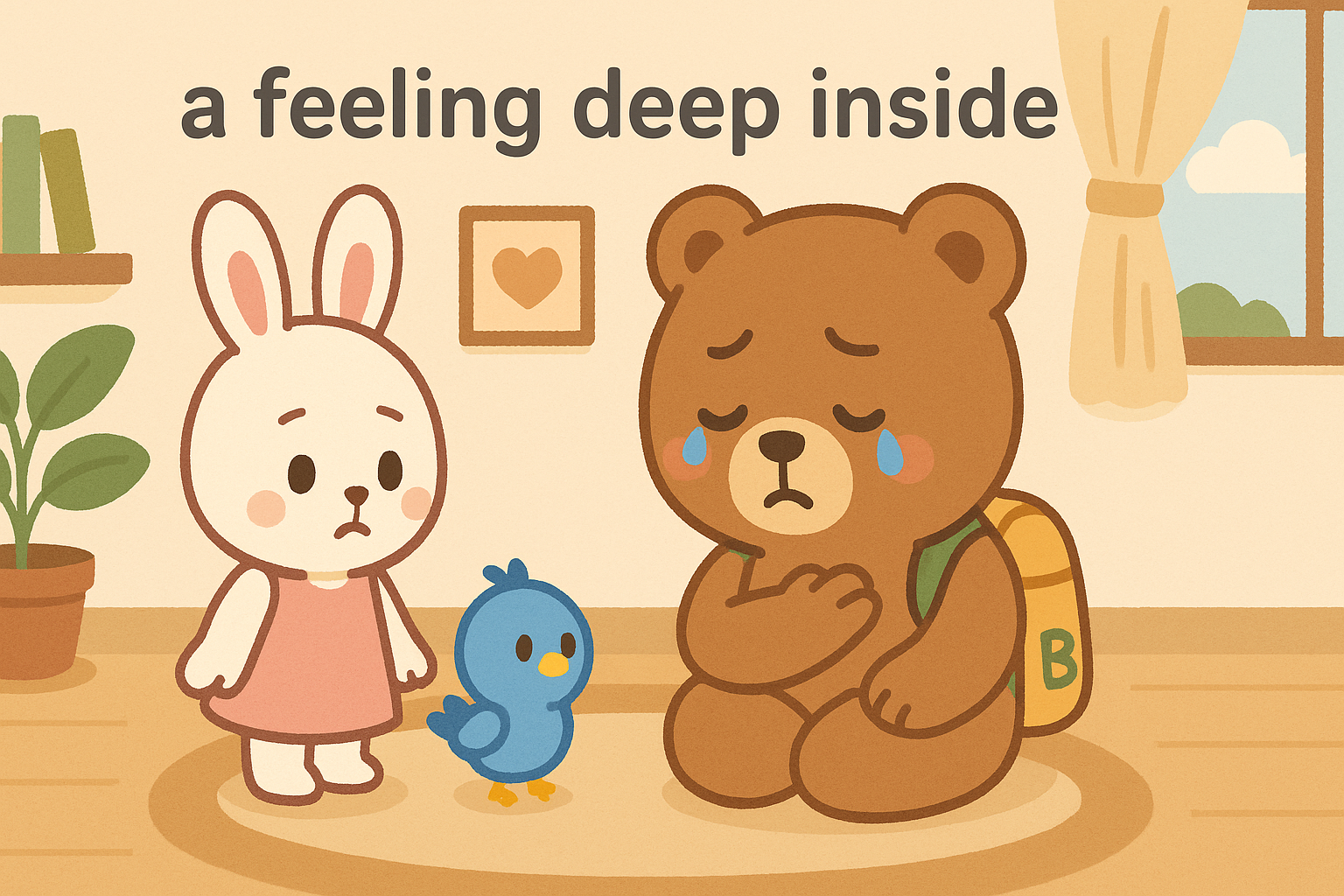 ぜすと君が胸に手を当て涙を流し、るなちゃんとぴこりが心配そうに見守っている室内の様子