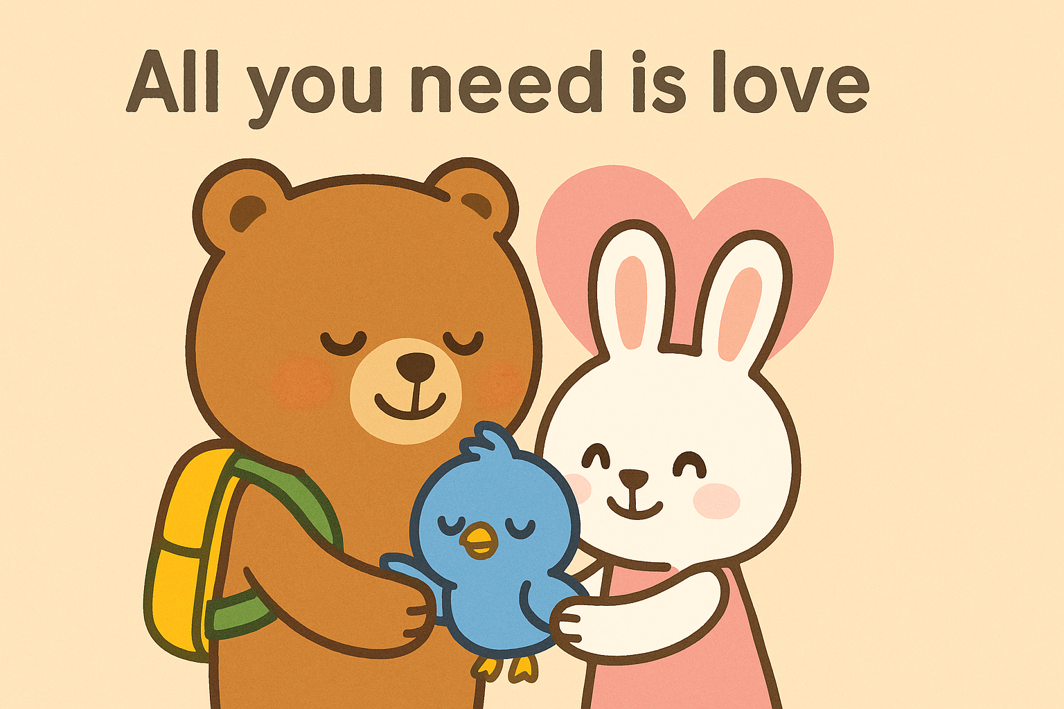 ぜすと君がぴこりを抱きしめ、るなちゃんが優しく寄り添う。背景にはピンクのハートが浮かび、上部に「All you need is love」と書かれた温かい雰囲気のイラスト。