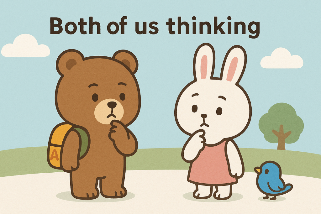 ぜすと君とるなちゃんが一緒に考え込んでいる様子