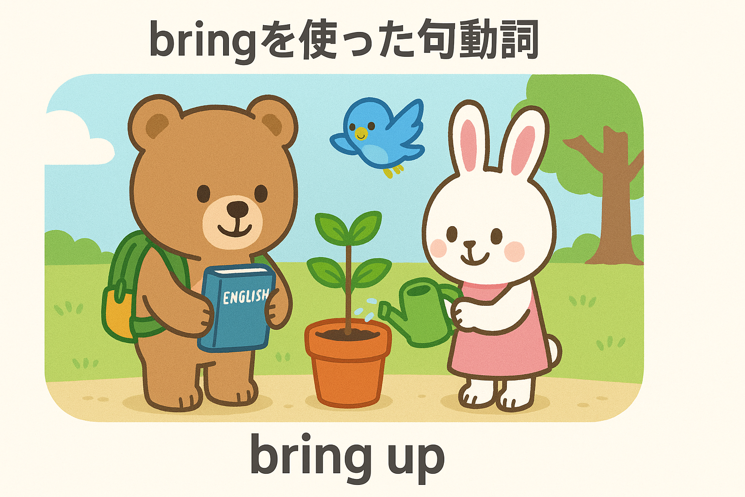 ぜすと君が英語の本を持ち、るなちゃんが苗に水をあげ、ぴこりが上空を飛んでいる。背景は青空と芝生で、上部に「bringを使った句動詞」、下部に「bring up」と書かれている温かい雰囲気のイラスト。