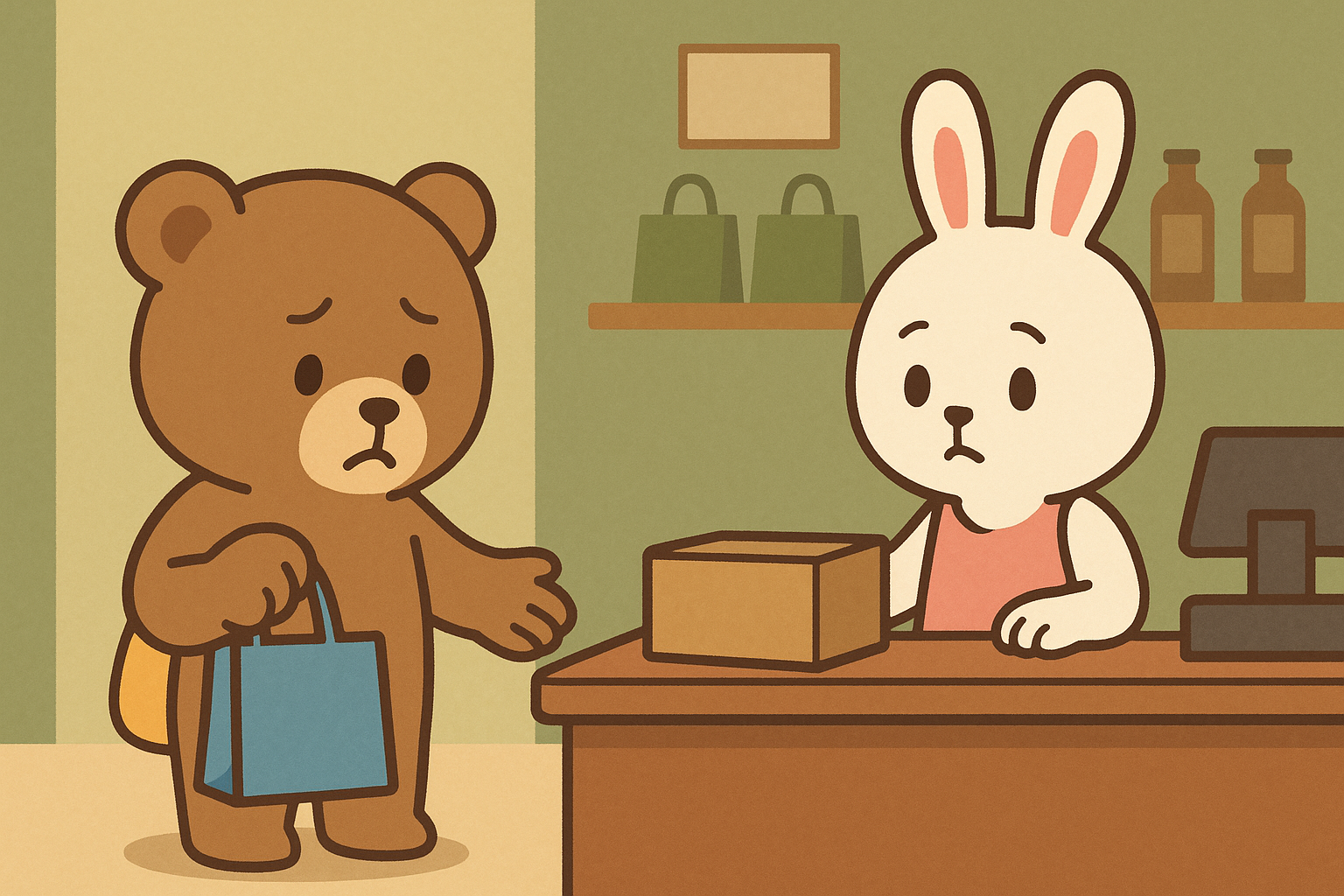 ぜすと君が返品のためにるなちゃんのお店を訪れて相談している様子