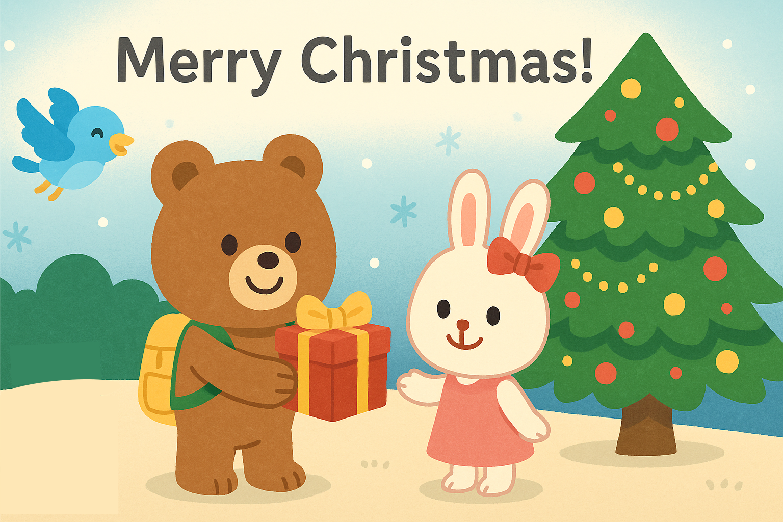 雪の中でクリスマスツリーを背景に、ぜすと君がるなちゃんへプレゼントを渡すシーンのイラスト。