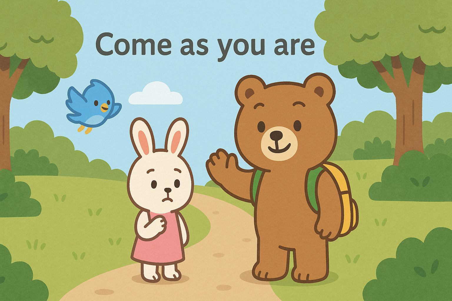 ぜすと君が森の入り口でるなちゃんをやさしく迎えるシーン。上部には「Come as you are」の文字。背景はやわらかな緑の木々と小道、ぴこりが空を飛んでいる温かい雰囲気のイラスト。