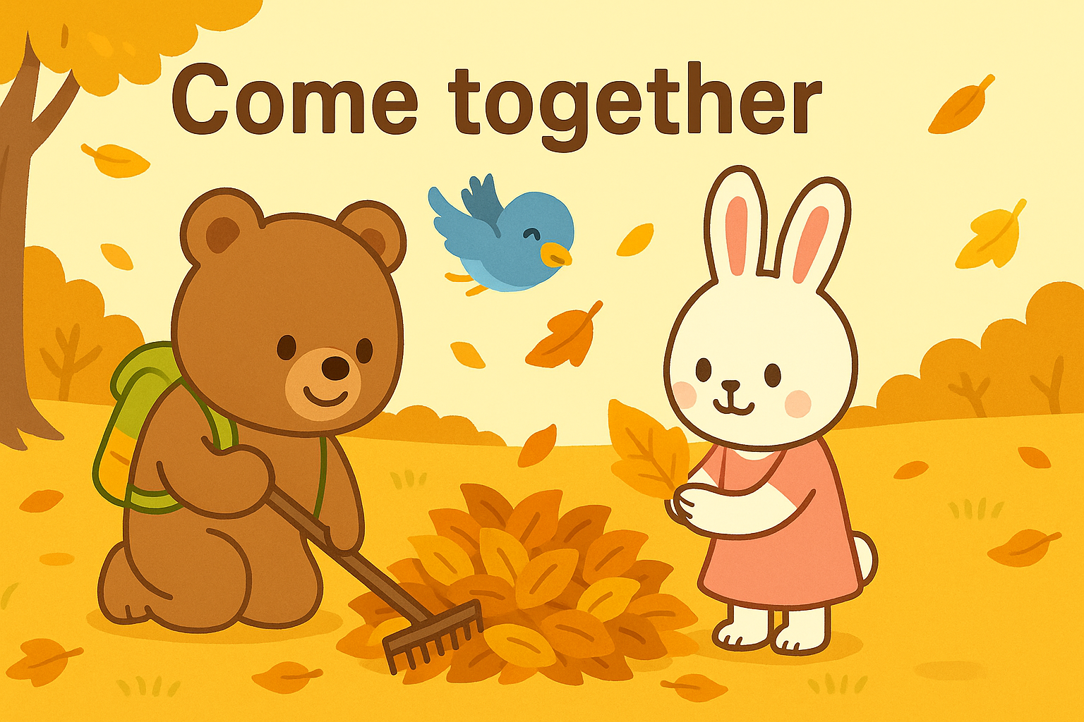 ぜすと君とるなちゃんが秋の公園で落ち葉を集めながら協力している様子。ぴこりが空から飛びながら応援していて、上部に「Come together」と書かれている。温かい色調で、みんなで力を合わせる優しい雰囲気のイラスト。