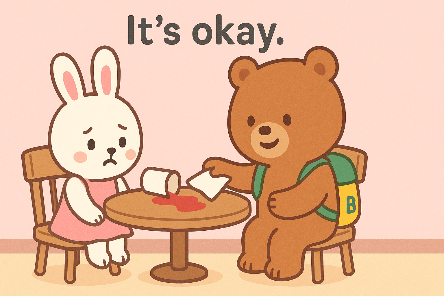 ぜすと君が、カフェのテーブルでジュースをこぼしたるなちゃんにナプキンを差し出しているやさしいシーン。背景は淡いピンクの壁と木目の床で、上部に「It’s okay.」と書かれている。全体がやわらかく温かい雰囲気のイラスト。