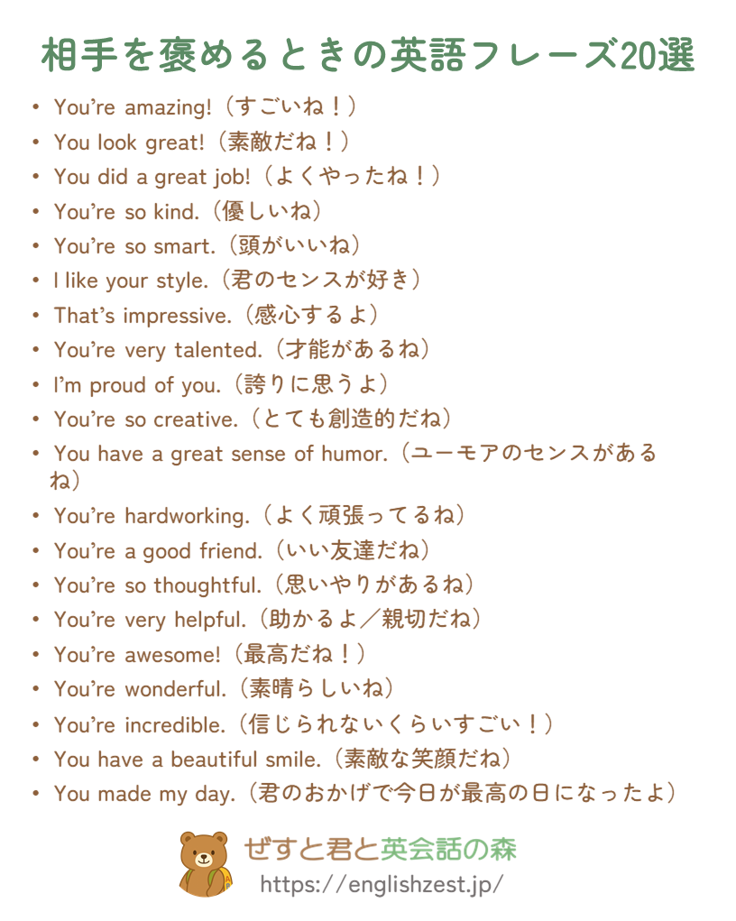 相手を褒めるときの英語フレーズ20選（PDFプレビュー）