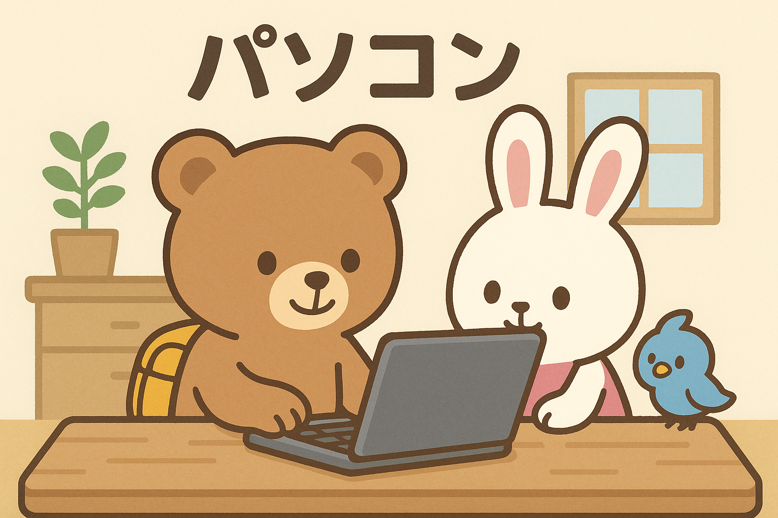 ぜすと君がノートパソコンを開いてタイピングしているシーン