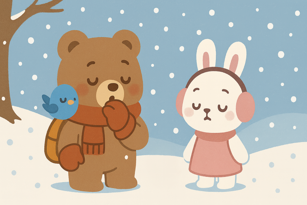 雪の中、ぜすと君の肩でぴこりが丸くなり、るなちゃんは寒そうに立っている冬の風景。