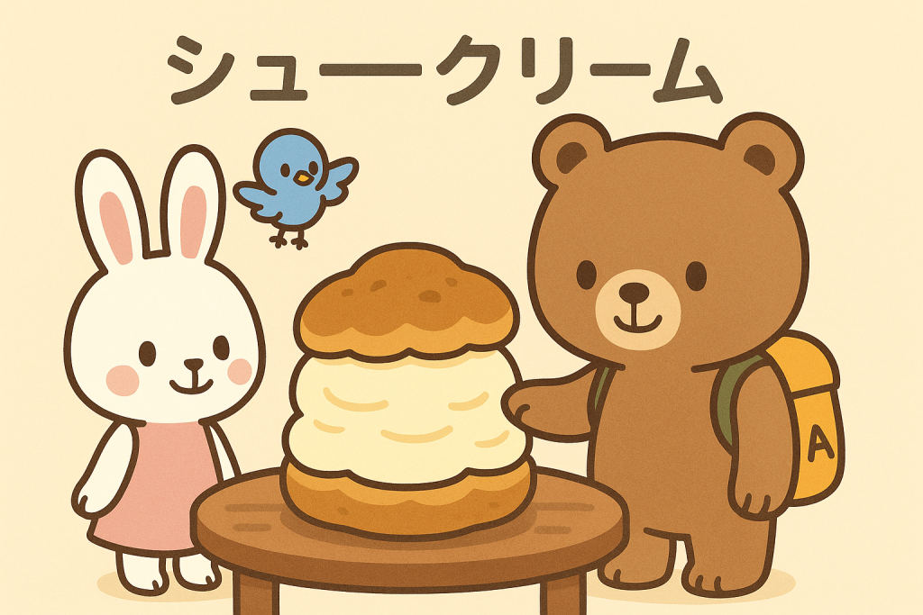 ぜすと君たちが大きなシュークリームを囲んでうれしそうに見つめている場面