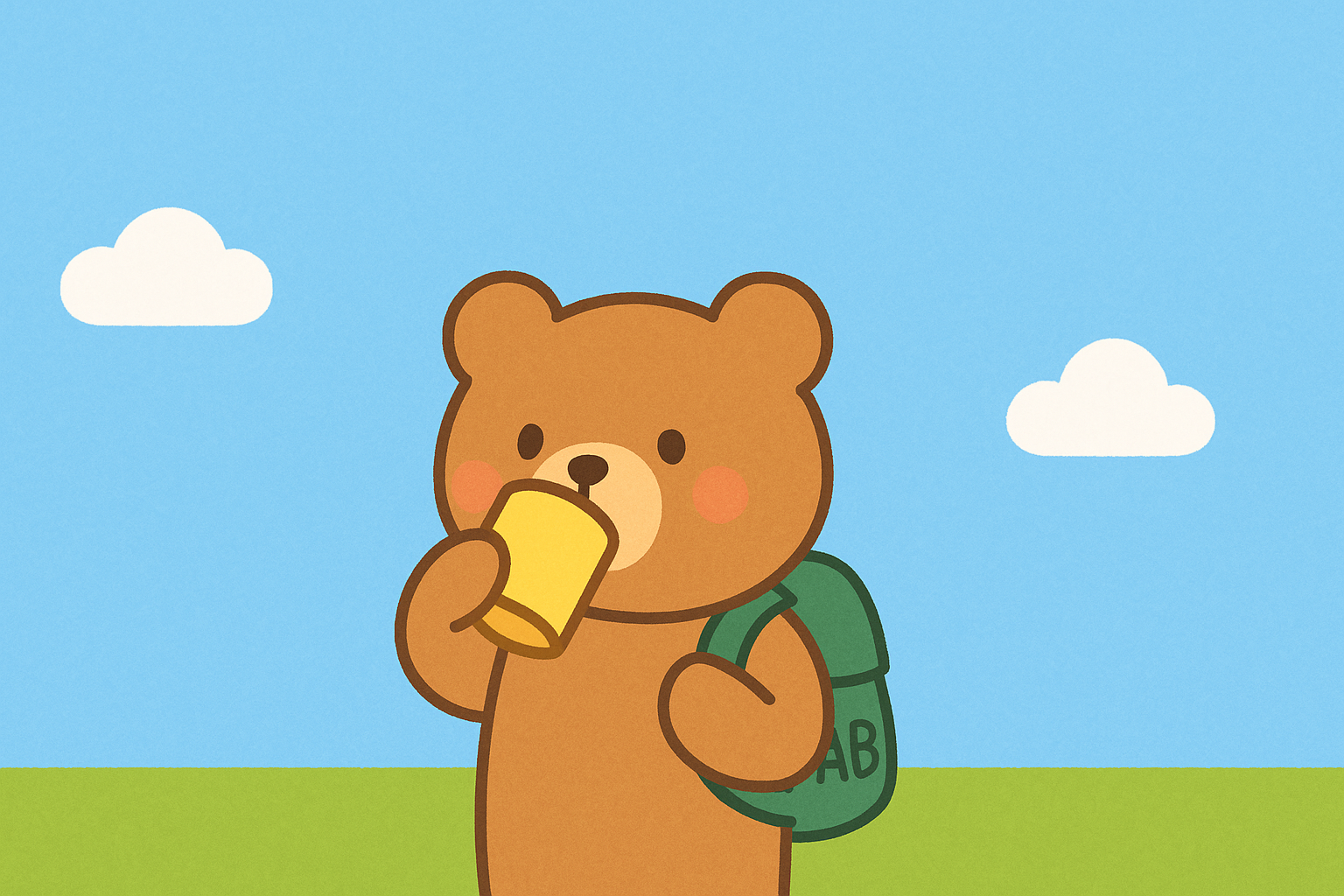黄色いコップで飲み物を飲んでいるぜすと君
