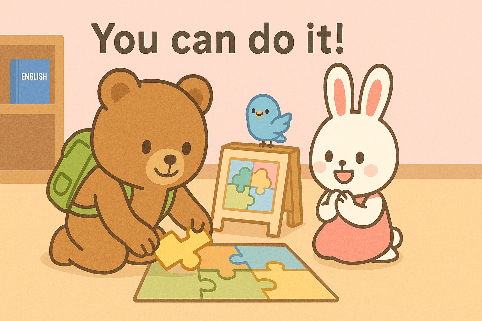 ぜすと君が最後のピースをはめようとする場面で、るなちゃんが拍手し、ぴこりがミニボードに立っている。上部に「You can do it!」の文字。淡いピンクの室内で、やさしい応援の雰囲気。
