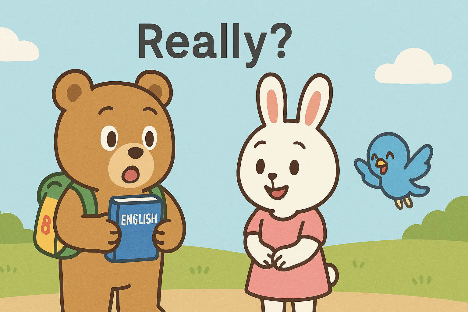 ぜすと君が驚いた表情で「Really?」と相槌を打つ場面のイラストです。