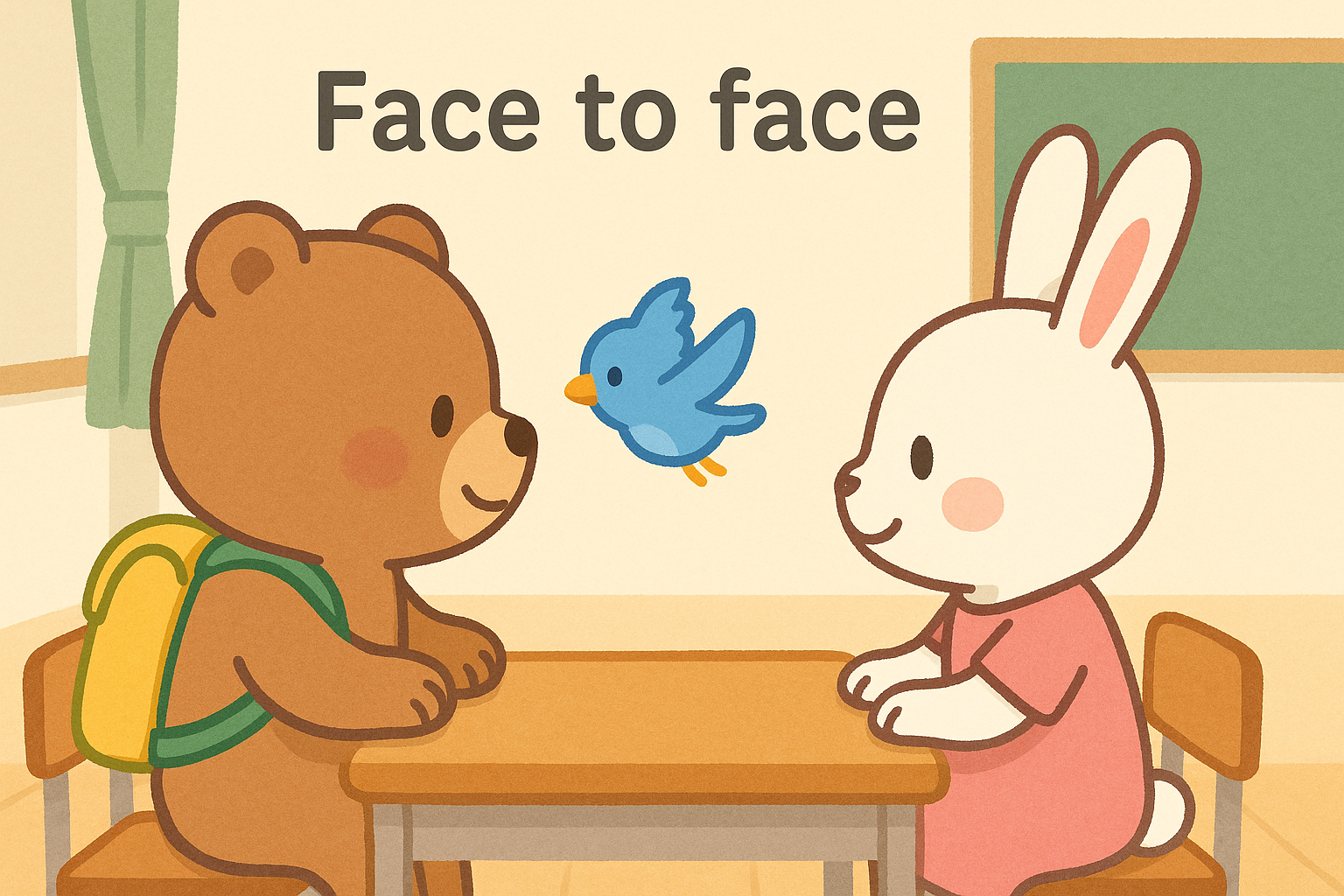 ぜすと君とるなちゃんが教室の机をはさんで向かい合って座り、ぴこりが間を飛んでいる場面。上部には「Face to face」と表示。やさしい色合いで温かい雰囲気のイラスト。