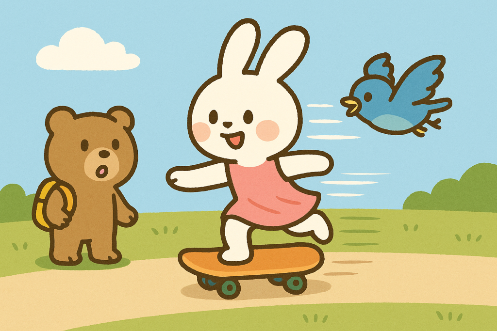 るなちゃんがスケートボードで風をきって早く走り、ぴこりが必死に追いかけているシーン。