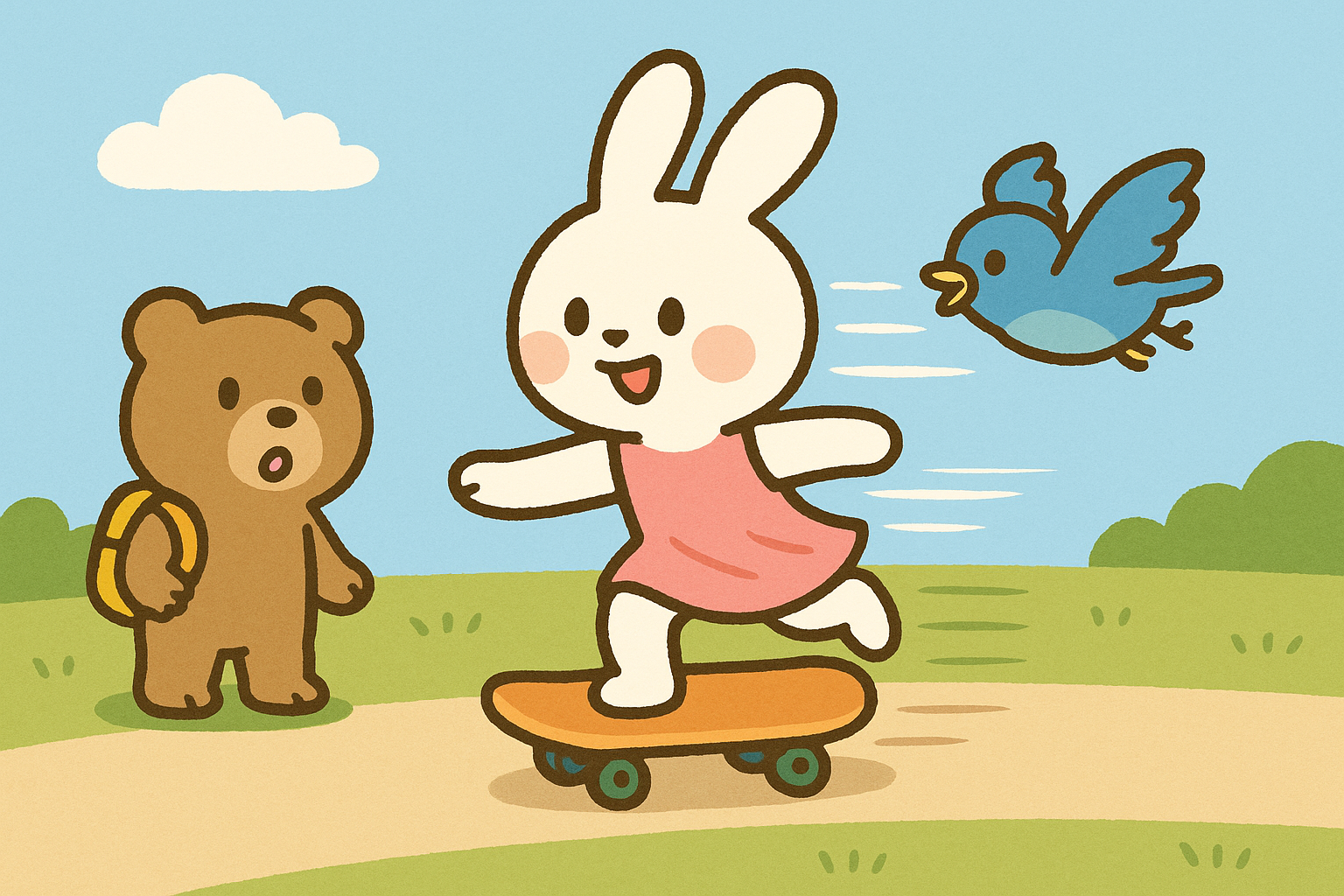 るなちゃんがスケートボードで風をきって早く走り、ぴこりが必死に追いかけているシーン。