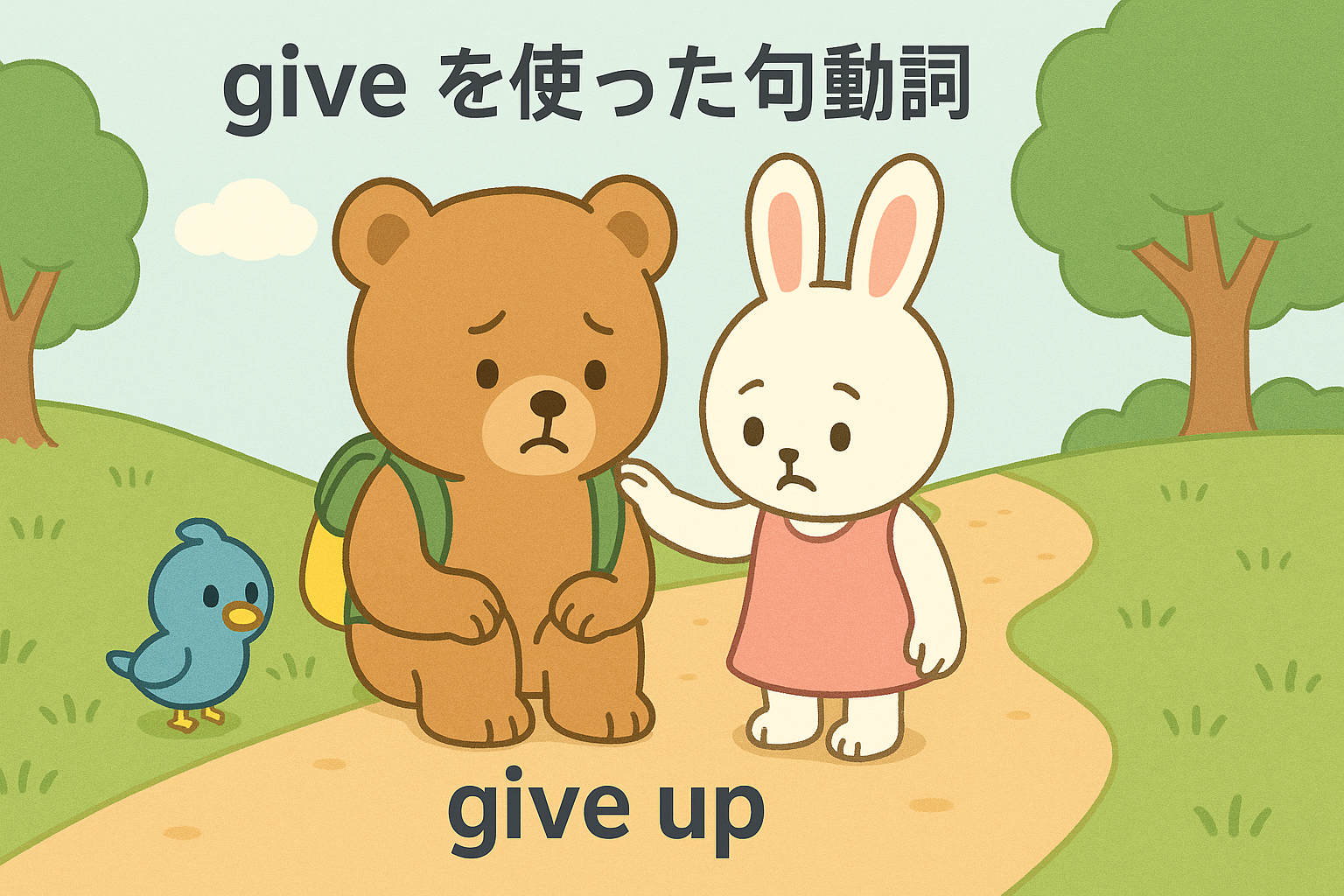 山道で落ち込むぜすと君に、るなちゃんが寄り添って手を置く。ぴこりが見守り、上部に「give を使った句動詞」、下部に「give up」の文字がある穏やかな自然の場面。