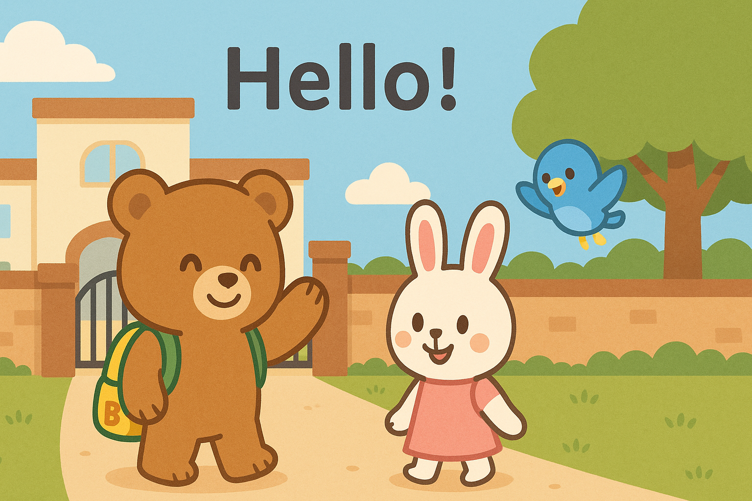 学校の門の前でぜすと君が手を振り、るなちゃんとぴこりと一緒に「Hello!」と挨拶している場面。