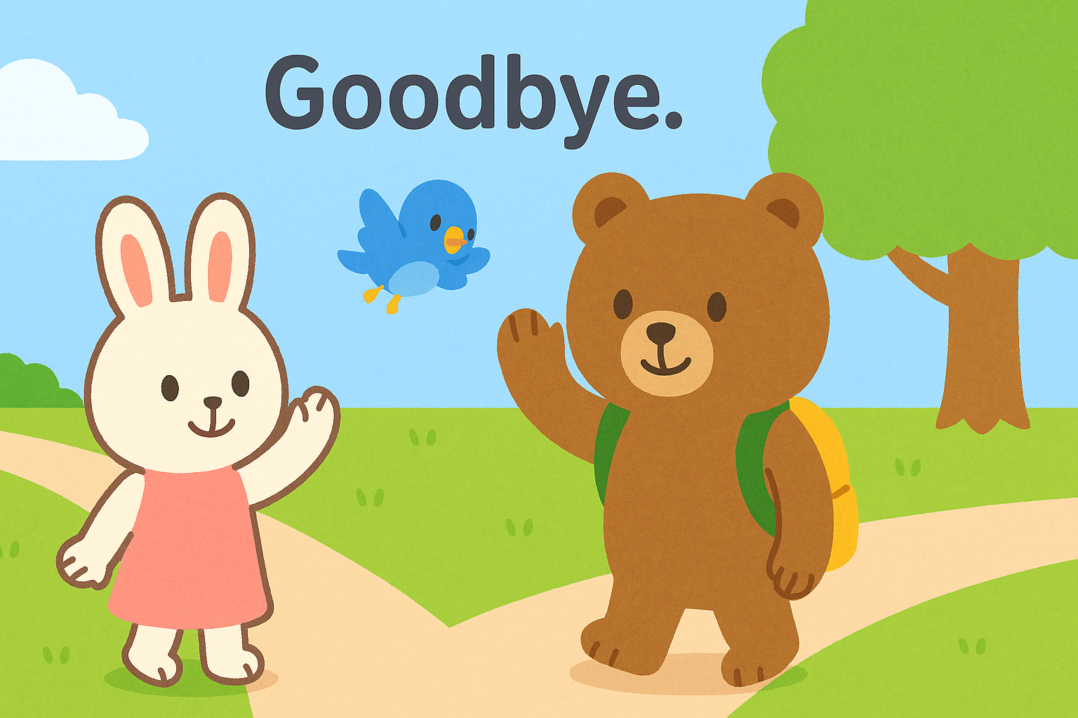 Goodbye.分かれ道でぜすと君とるなちゃんが手を振り、ぴこりが飛んでいるイラスト。