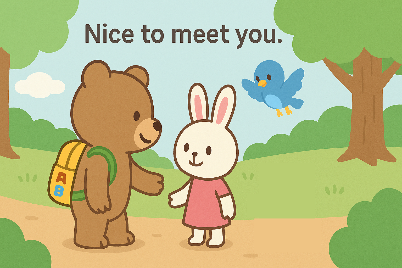 森の小道でぜすと君がるなちゃんに出会い、ぴこりが飛んでいるあいさつの場面。