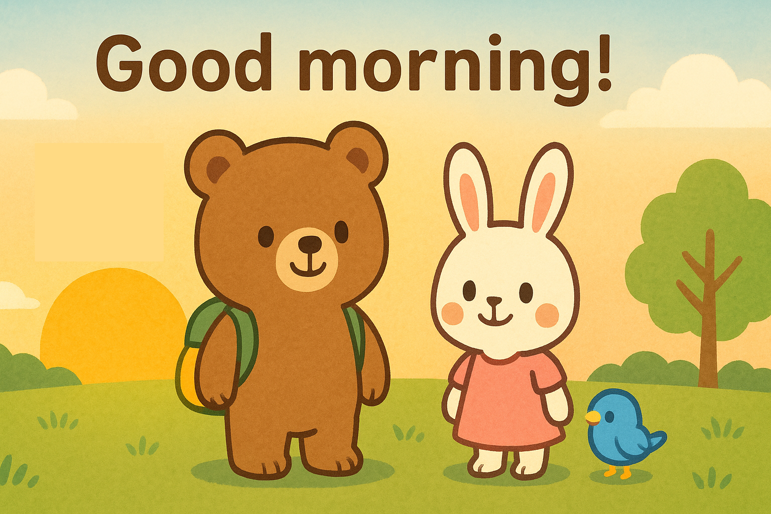 朝日を背景に、ぜすと君とるなちゃん、ぴこりが並んで「Good morning!」とあいさつしているイラスト。