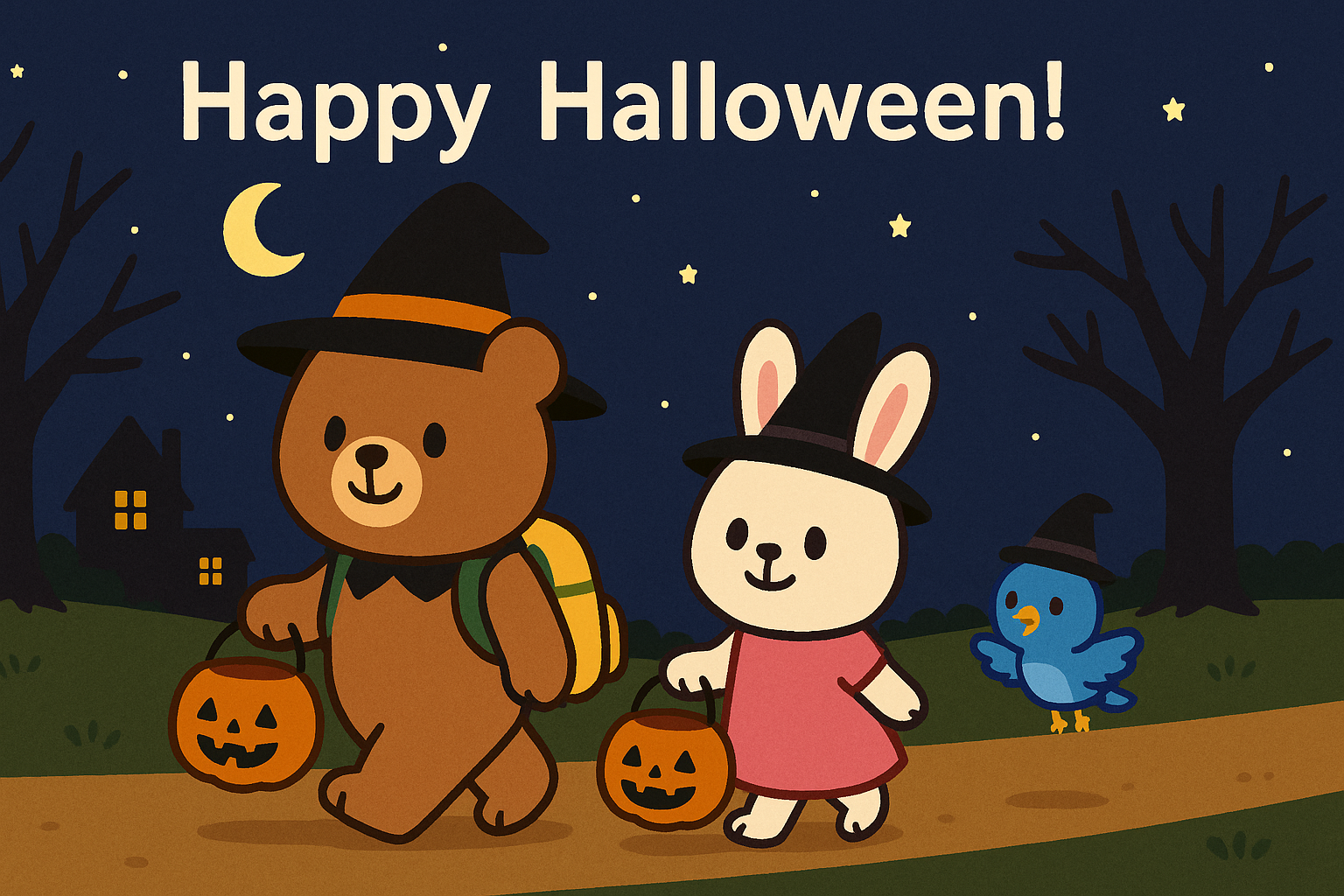 ぜすと君、るなちゃん、ぴこりがハロウィンの仮装で街を歩くイラスト。Happy Halloween!