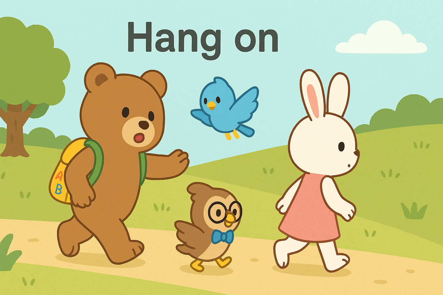 ぜすと君が森の小道でるなちゃんに「Hang on」と呼びかけて手を伸ばしている。ぴこりが二人の間を飛び、背景にはやわらかな緑の丘と青空が広がっている構図。