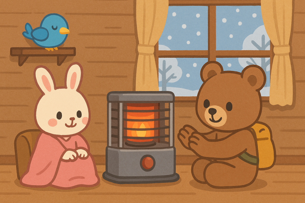 石油ストーブの前であたたまるぜすと君たち