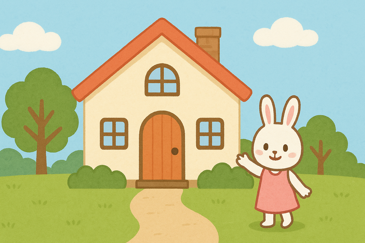 中央に大きく家が配置され、前の小道にるなちゃんが手を振って立つ屋外シーンのイラスト。柔らかい色合いの空と木々が広がり、穏やかな雰囲気。