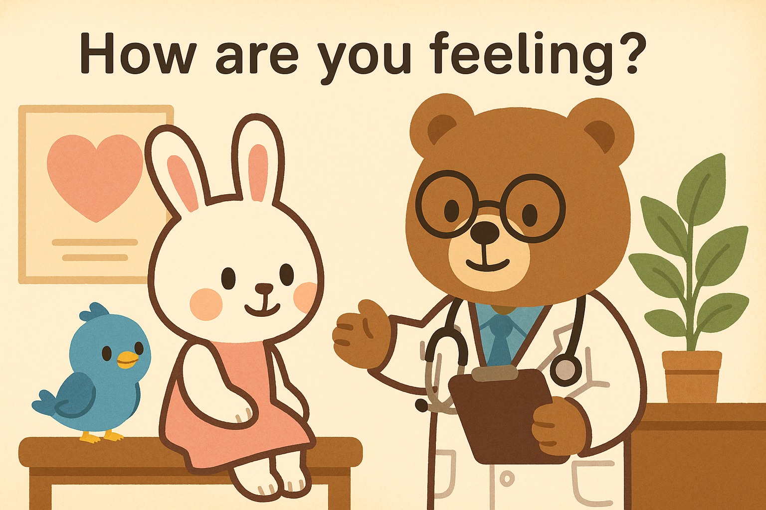 体調はどうですか？と医者が患者に言う様子。