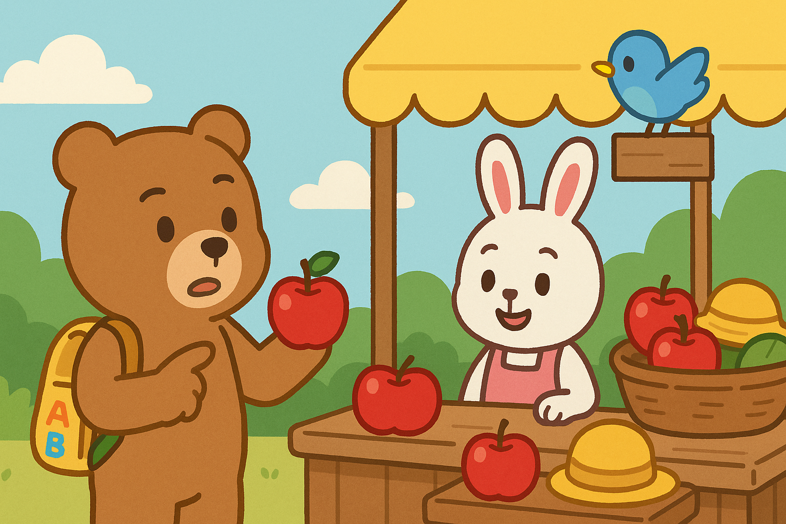 このりんごはいくらですか？と言っている様子