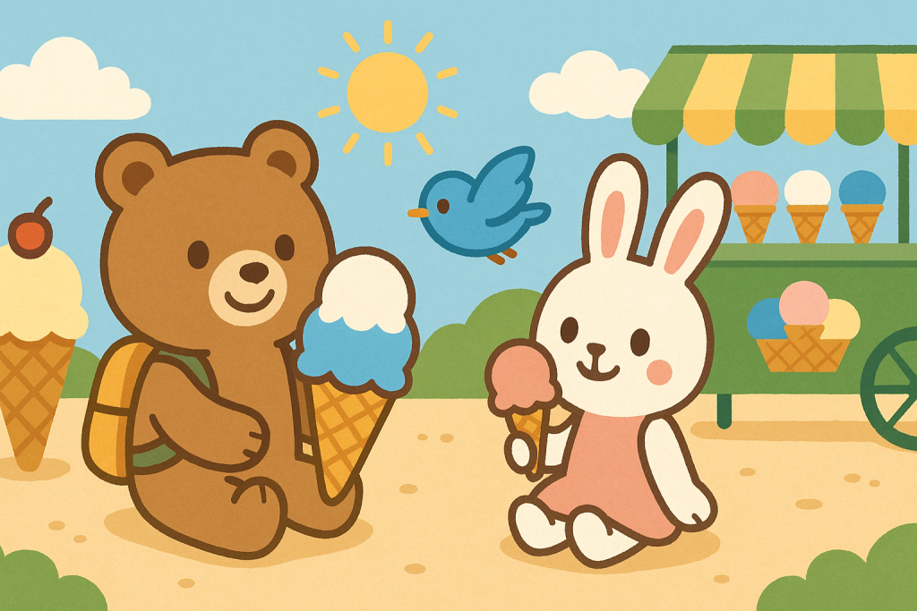 ぜすと君とるなちゃんがアイスクリームを仲良く食べている夏のひととき。