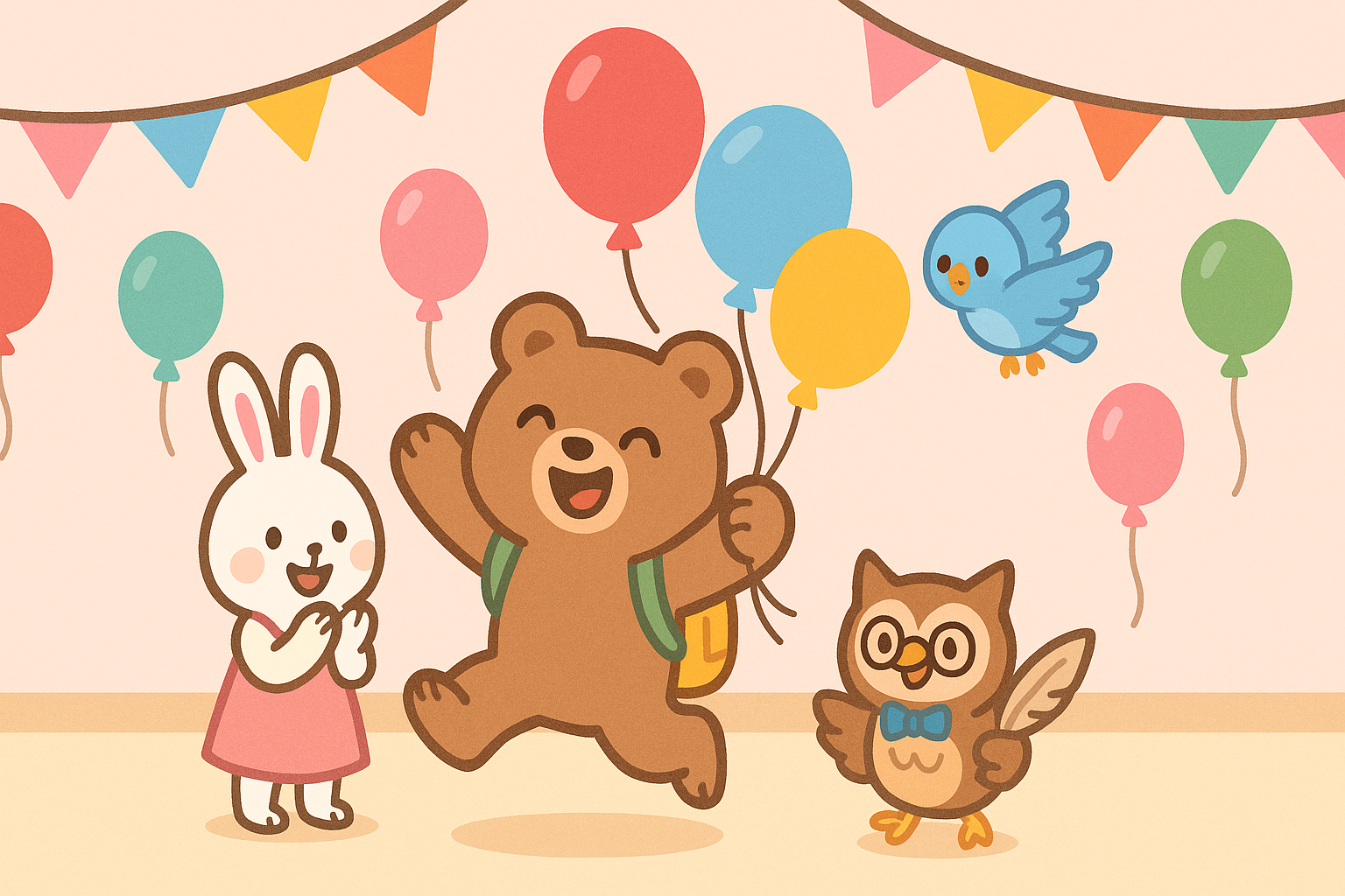 ぜすと君が風船を持ってぴょんとジャンプし、るなちゃんが手を叩いて喜んでいる。ぴこりが上で羽ばたき、背景にはカラフルな旗と風船が飾られたパーティーの部屋。わくわくした雰囲気。