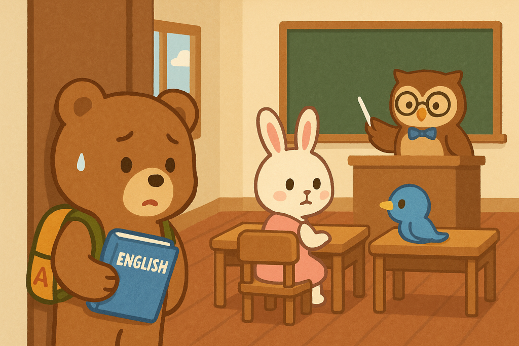教室のドアの外から、中をそっとのぞくぜすと君。中ではるなちゃんとぴこりが席に座って授業中。