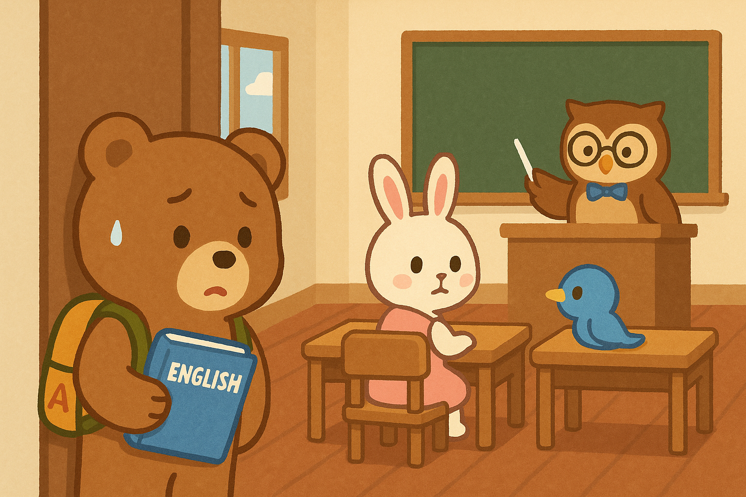 教室のドアの外から、中をそっとのぞくぜすと君。中ではるなちゃんとぴこりが席に座って授業中。