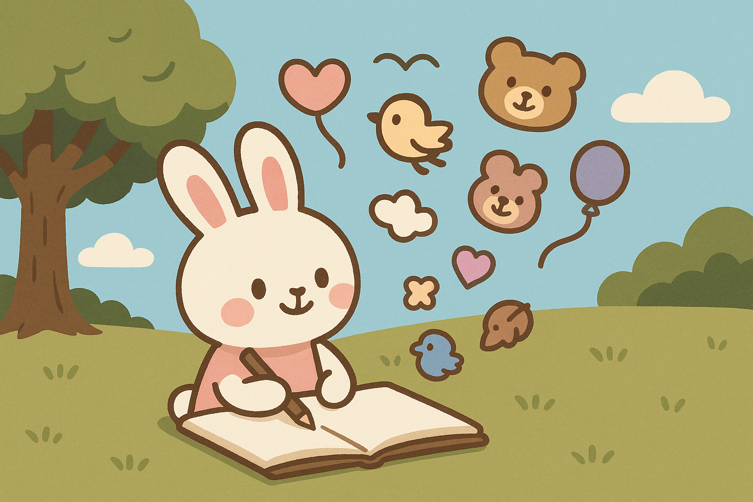 るなちゃんがノートに絵を描き、想像した動物や形が空にふわふわと浮かんでいる様子
