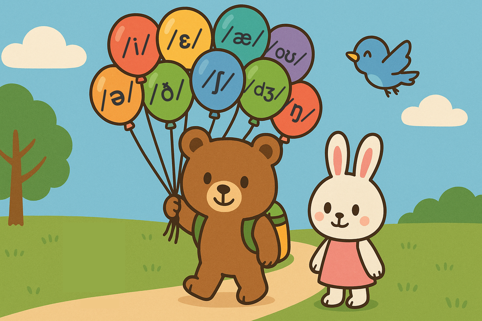 ぜすと君が英語の発音記号が描かれた風船を沢山持っているイラスト。