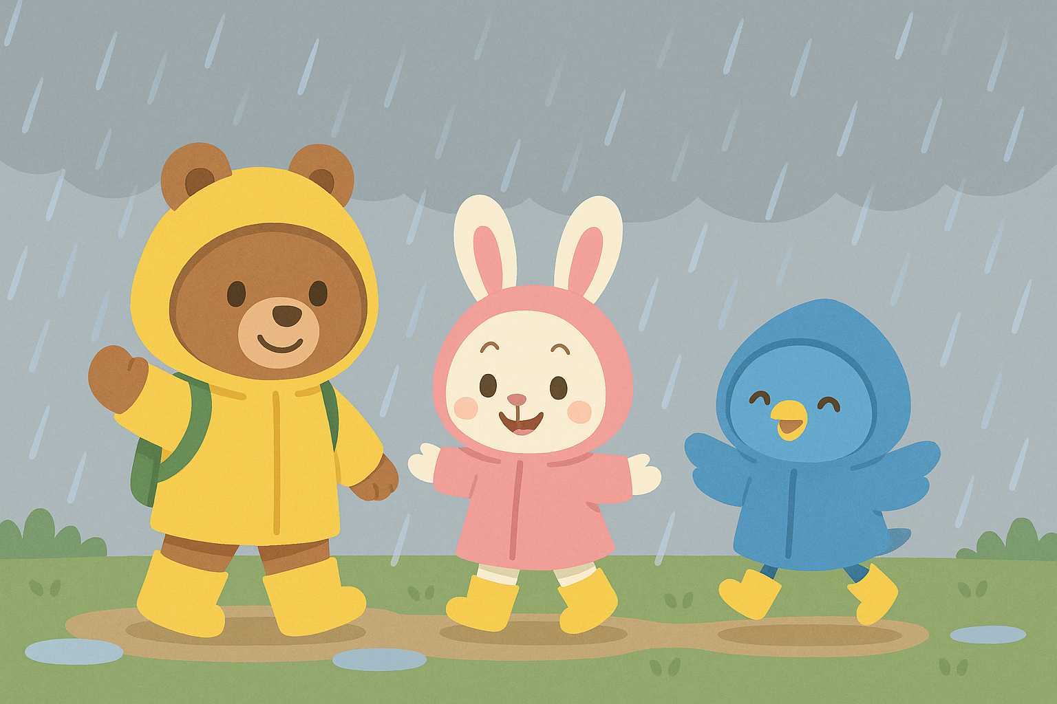 雨の中をカラフルなレインコートで歩く三人。楽しそうな様子