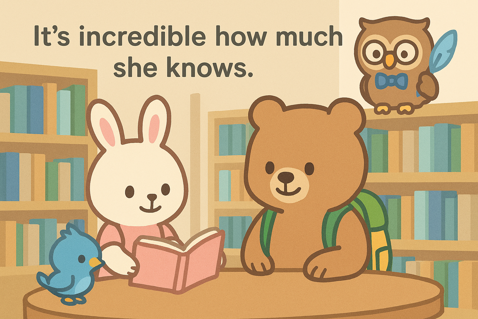 るなちゃんが本を読む図書館の室内で、ぜすと君とぴこりが感心して見守り、おりばー先生も棚の上から見守っている場面。It’s incredible how much she knows.