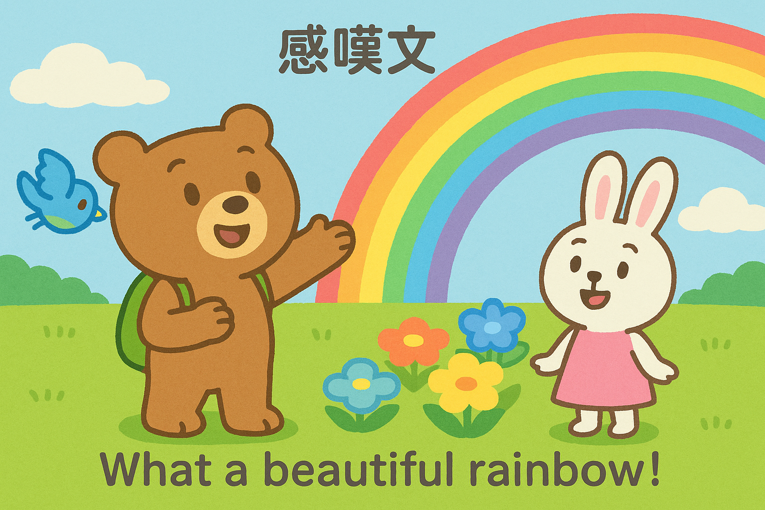 ぜすと君とるなちゃんが草原で大きな虹を見上げ、ぴこりも一緒に飛んでいる場面。「What a beautiful rainbow!」の感嘆文が下部に表示されている。