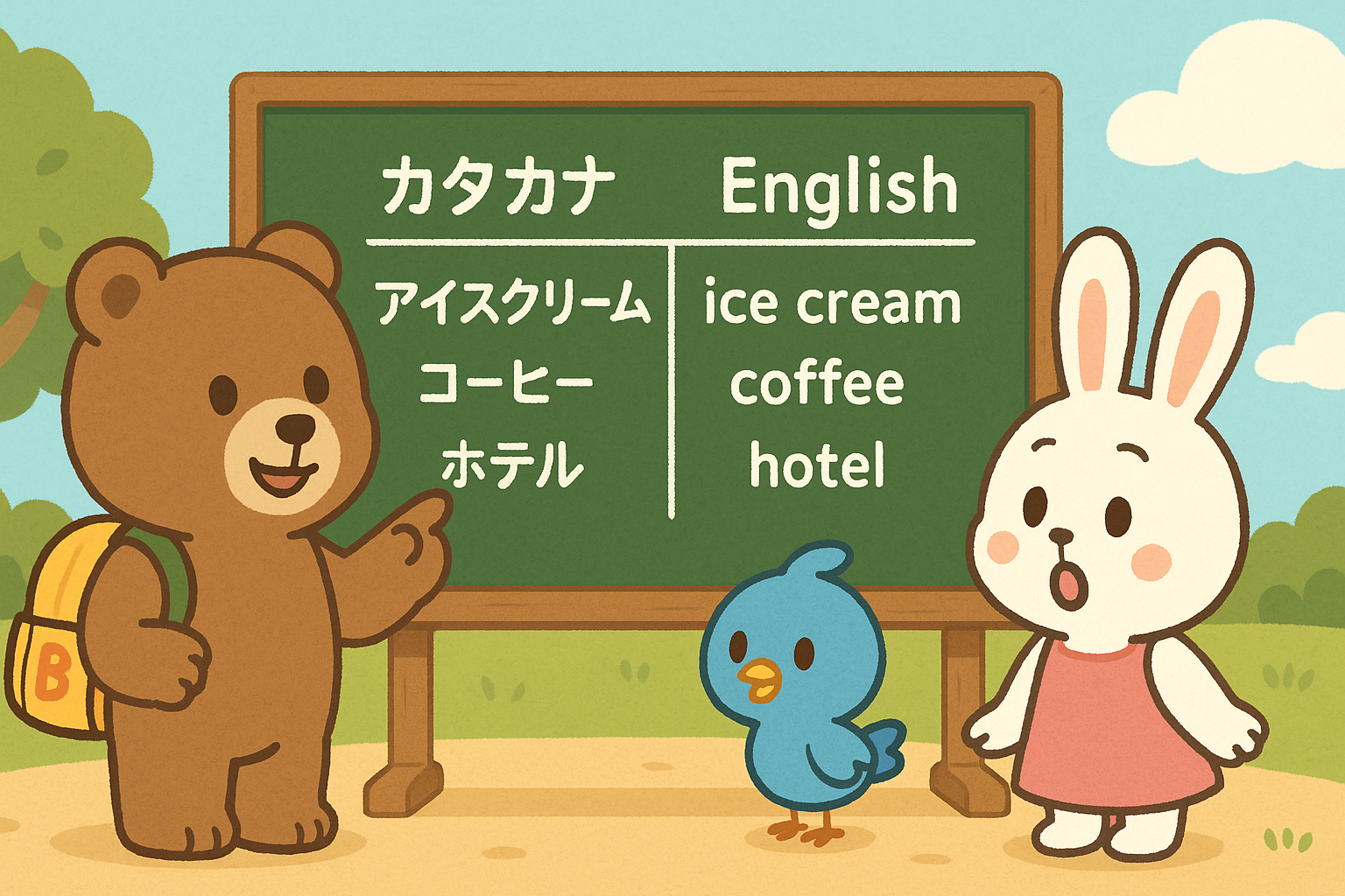 黒板に「カタカナ」と「English」の列が並んでおり、ぜすと君が「発音の違い」を説明している。たとえば「アイスクリーム」と「ice cream」の違いに注目。