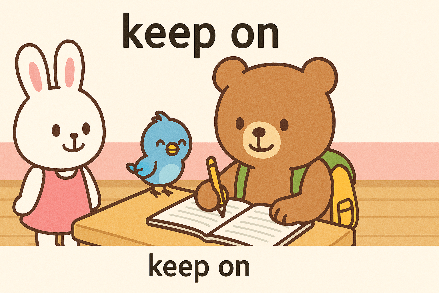 ぜすと君が机でノートに勉強を続け、るなちゃんとぴこりが優しく見守る室内のシーン。上部に「keepを使った句動詞」、下部に「keep on」と表示されている温かい学習イラスト。