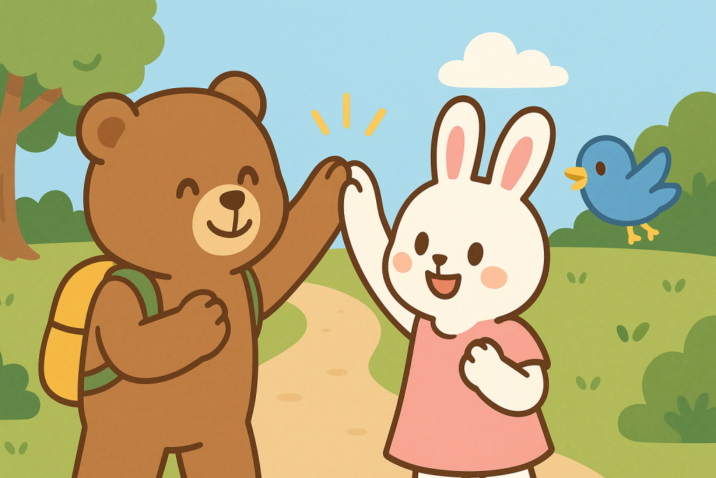 ぜすと君とるなちゃんが励まし合って頑張っている様子