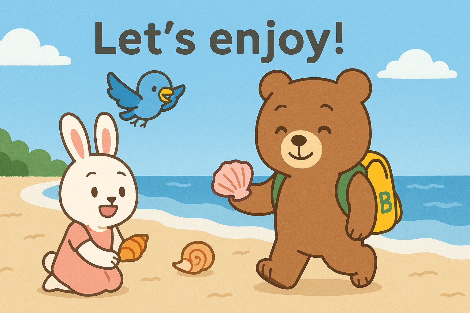 ぜすと君とるなちゃんが砂浜で貝殻を拾い、ぴこりが空を飛びながら見守っている。上部に「Let's enjoy!」の文字。青空と海の優しい色合いが広がる楽しい浜辺の風景。