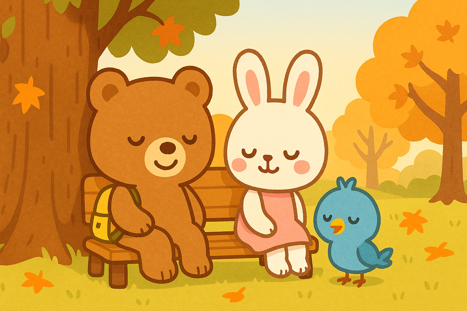 ぜすと君、るなちゃん、ぴこりが秋の森でベンチに座ってのんびり休憩中です。