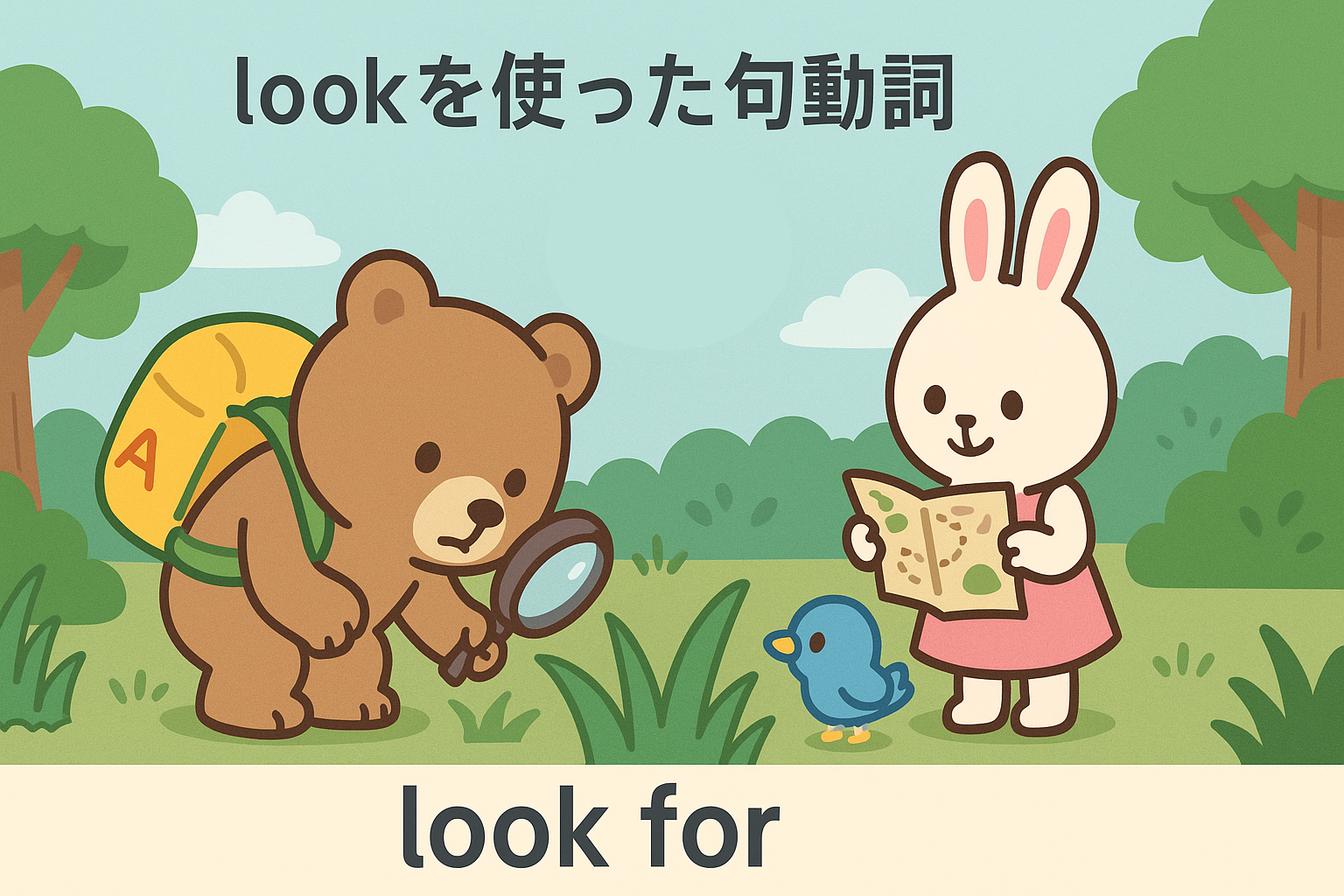 ぜすと君が虫眼鏡で地面を調べ、るなちゃんが地図を持ち、ぴこりが上空から探している森の中のシーン。上部に「lookを使った句動詞」、下部に「look for」と書かれている。穏やかな森の雰囲気とやさしい色合いのイラスト。