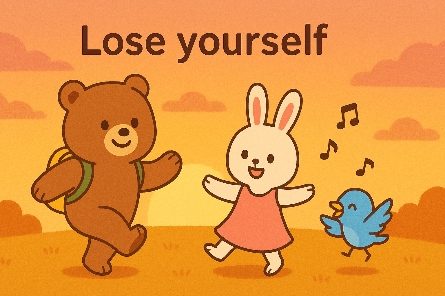 夕焼け空の下、ぜすと君とるなちゃん、ぴこりが楽しく踊っている。ぜすと君が足を上げてステップを踏み、るなちゃんがスカートを広げてくるくる回り、ぴこりが音符を飛ばしながら歌っている。上部に「Lose yourself」と表示された明るく温かい雰囲気のイラスト。