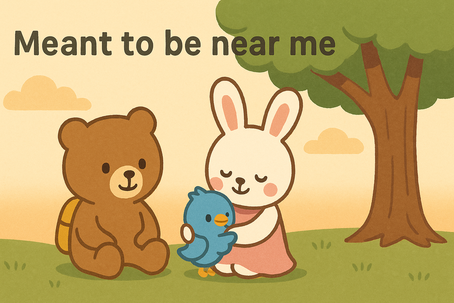 優しい風にそよぐ木の下で、るなちゃんがぴこりを抱き寄せ、二人が「そばにいるよ」と語りかけ合うような構図