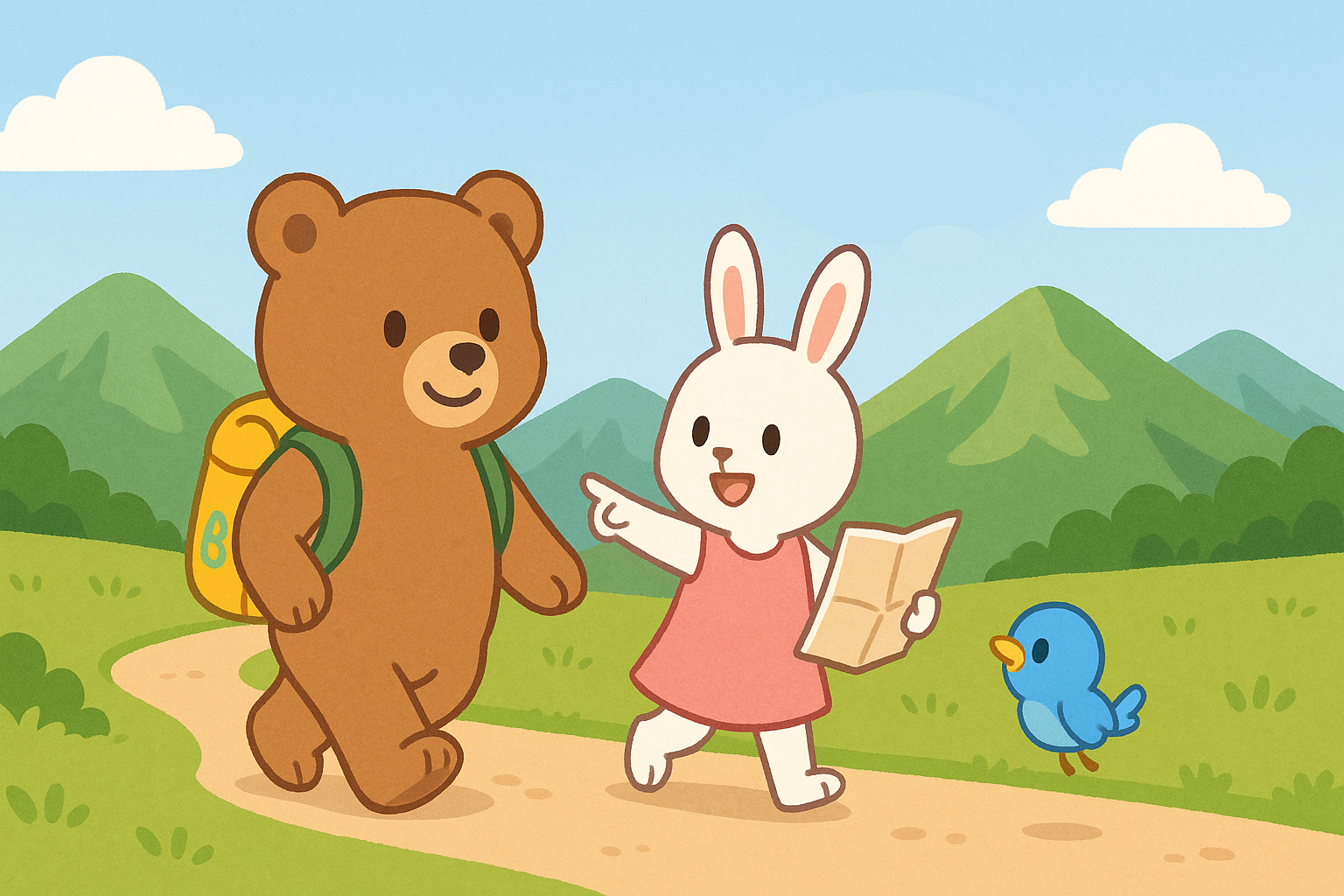 ぜすと君とるなちゃんが山道を歩く登山シーン。るなちゃんが地図を指さし、ぜすと君がリュックを背負って笑顔で進む。背後にやさしい緑の山々が広がる穏やかな風景。