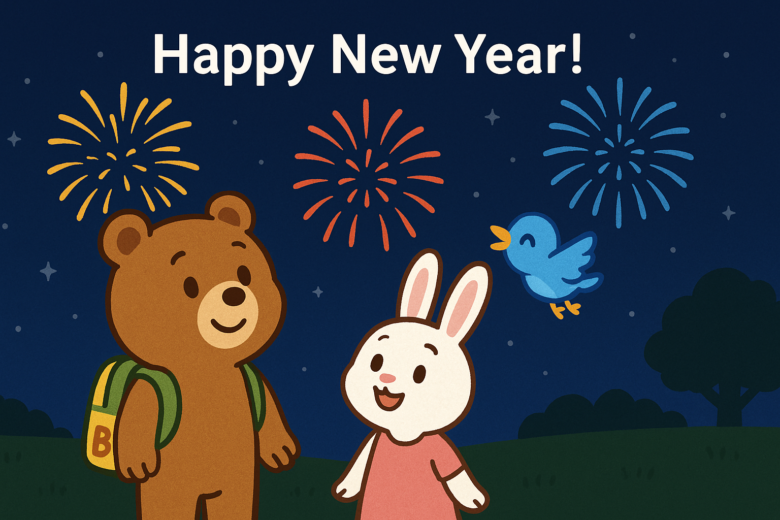 花火が上がる夜空の下で、ぜすと君とるなちゃん、ぴこりが新年を祝っているイラスト。Happy New Year!