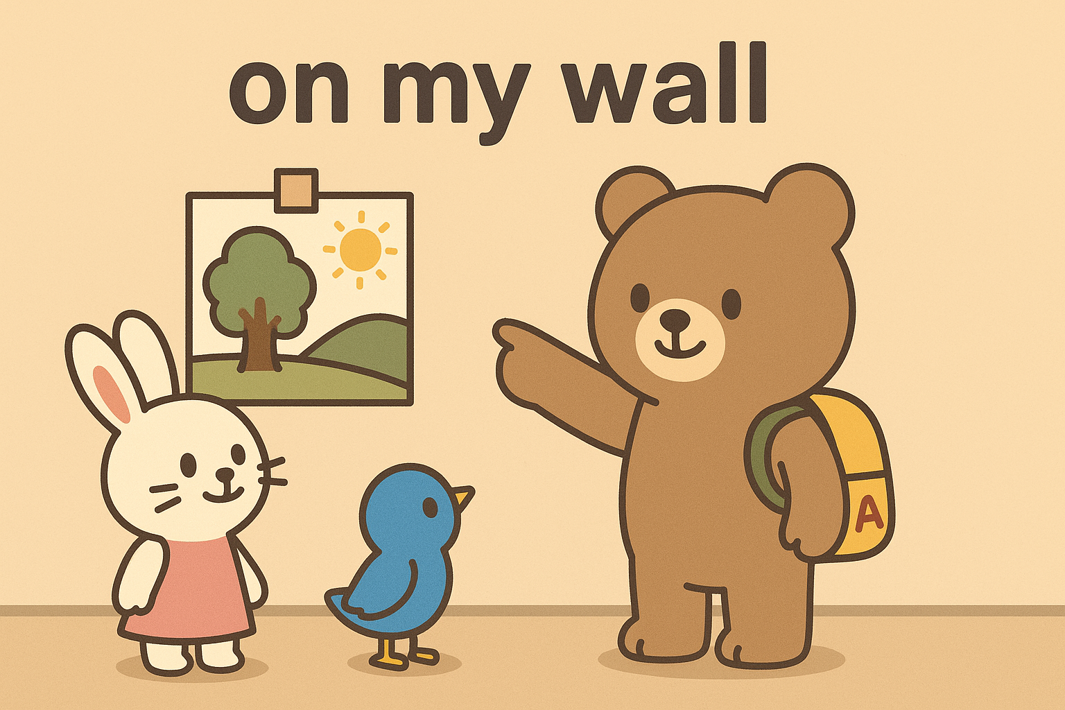 ぜすと君が壁に飾った絵を指さしていて、るなちゃんとぴこりが一緒に見ています。